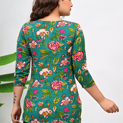 Women's Green Floral Print Cotton Square Neck Top