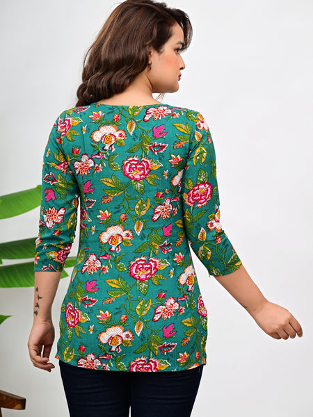Women's Green Floral Print Cotton Square Neck Top