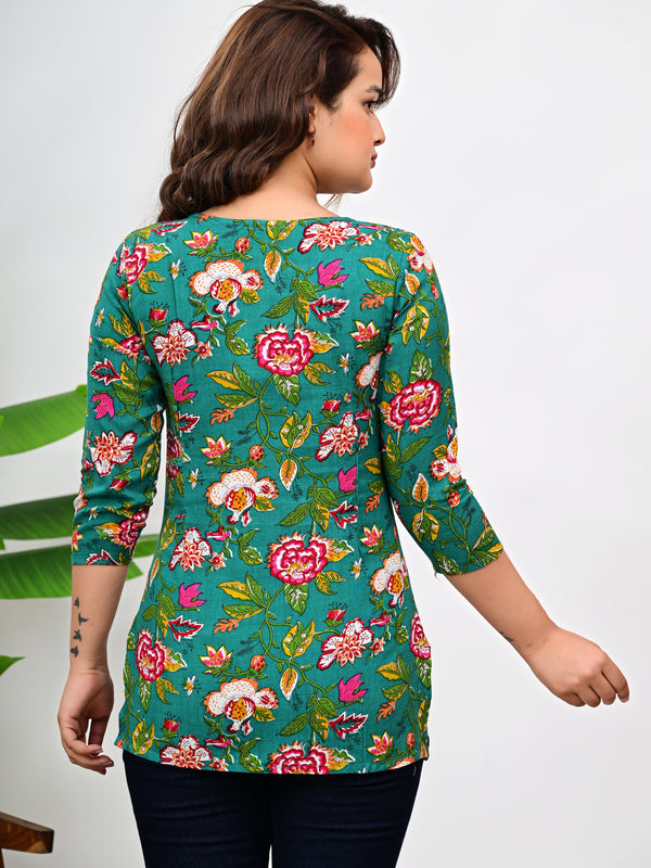 Women's Green Floral Print Cotton Square Neck Top