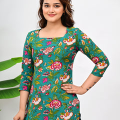 Women's Green Floral Print Cotton Square Neck Top