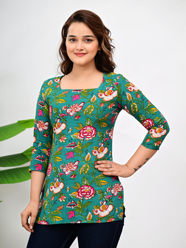 Women's Green Floral Print Cotton Square Neck Top