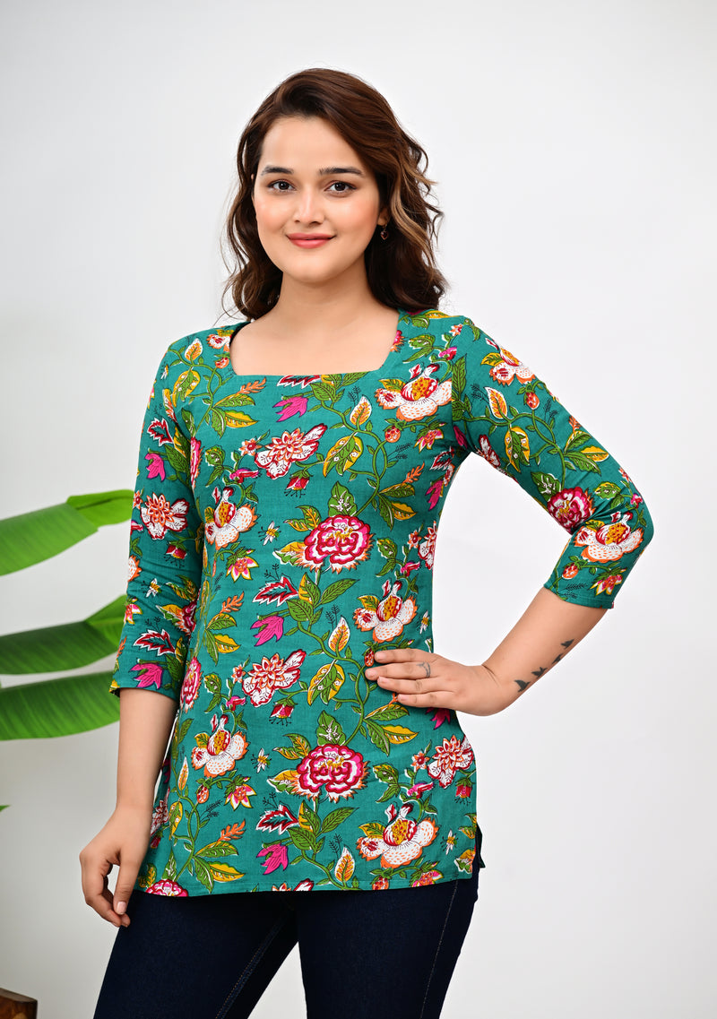 Women's Green Floral Print Cotton Square Neck Top