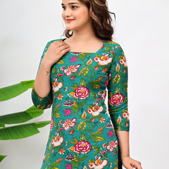 Women's Green Floral Print Cotton Square Neck Top