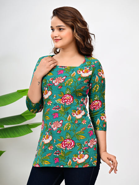 Women's Green Floral Print Cotton Square Neck Top