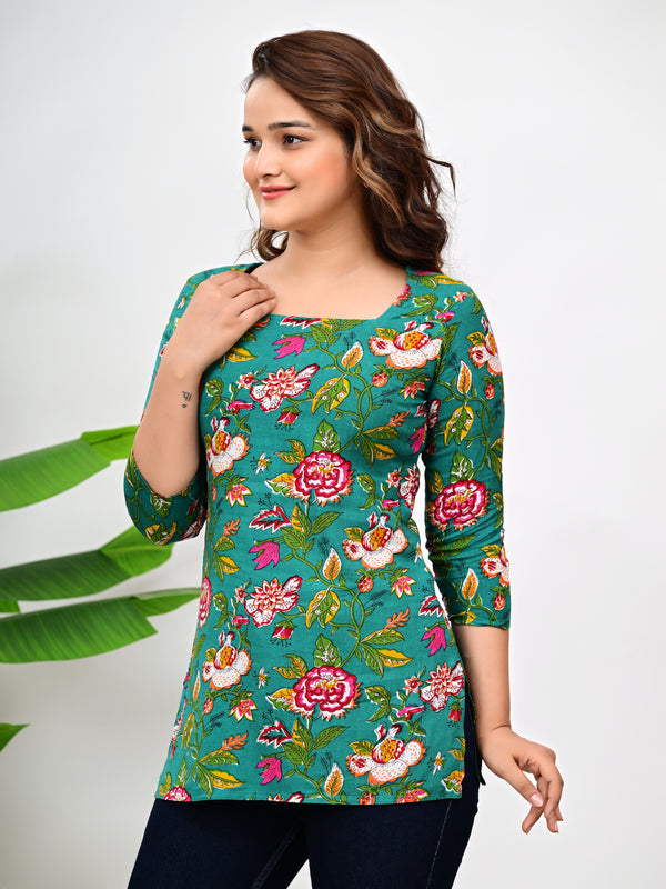 Women's Green Floral Print Cotton Square Neck Top