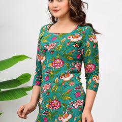 Women's Green Floral Print Cotton Square Neck Top