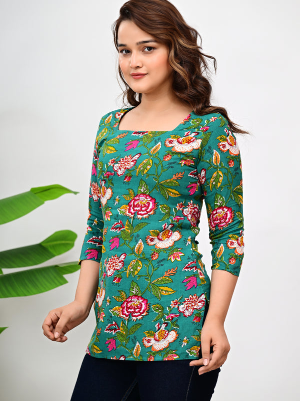 Women's Green Floral Print Cotton Square Neck Top