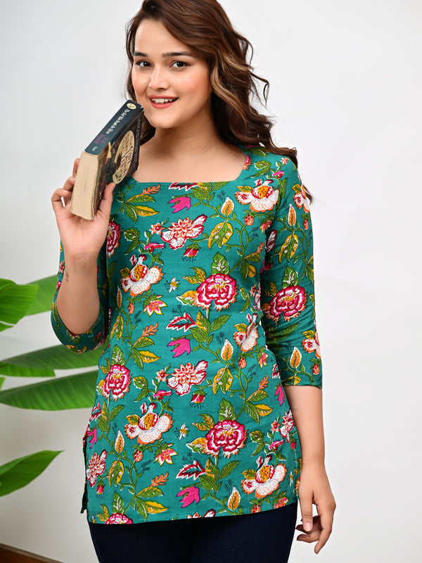 Women's Green Floral Print Cotton Square Neck Top