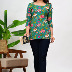 Women's Green Floral Print Cotton Square Neck Top