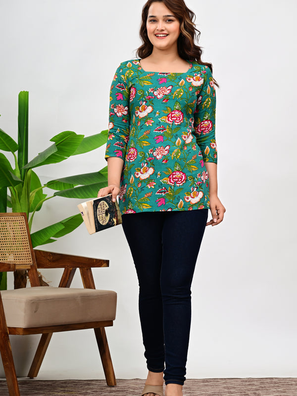 Women's Green Floral Print Cotton Square Neck Top