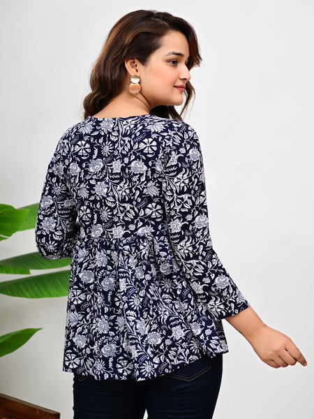 Cotton Floral Casual V-Neck Top