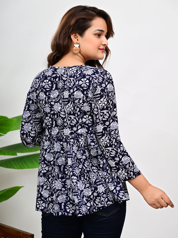 Cotton Floral Casual V-Neck Top