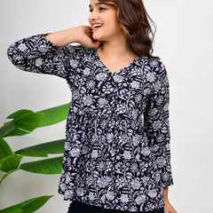 Cotton Floral Casual V-Neck Top