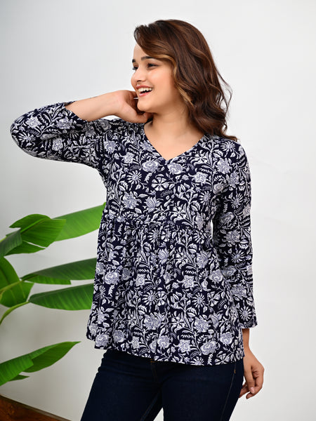 Cotton Floral Casual V-Neck Top