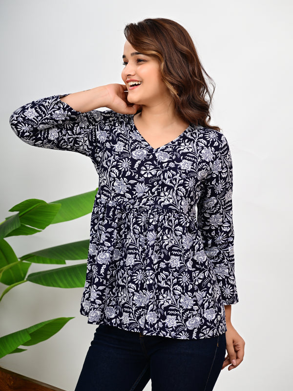 Cotton Floral Casual V-Neck Top