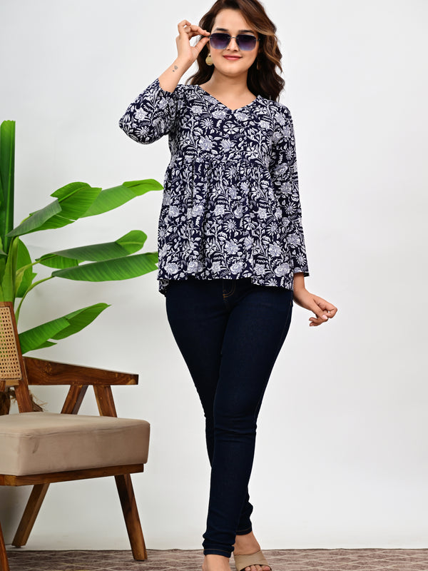 Cotton Floral Casual V-Neck Top