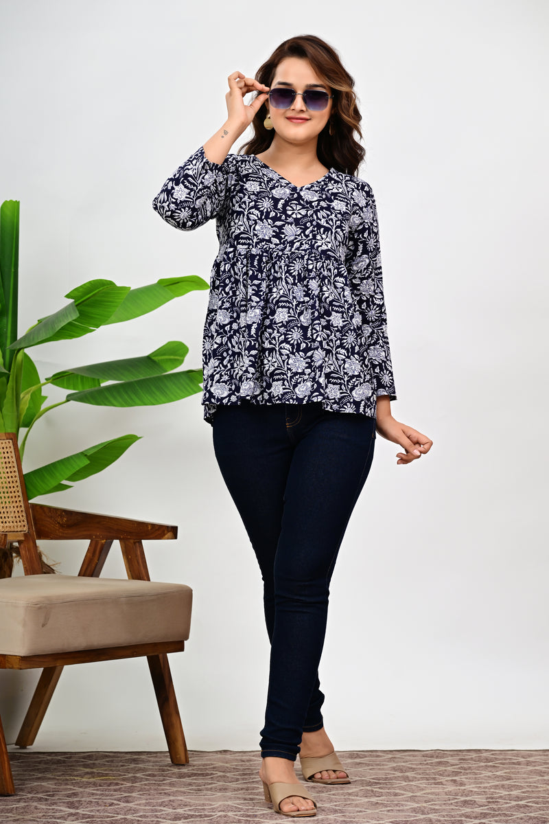 Cotton Floral Casual V-Neck Top