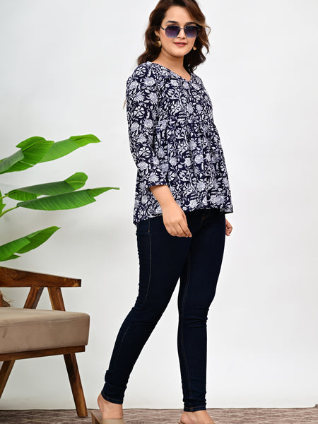 Cotton Floral Casual V-Neck Top