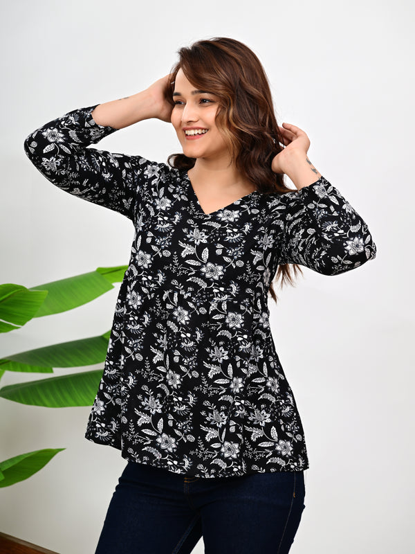Women's  Floral Printed V-Neck Cotton Top