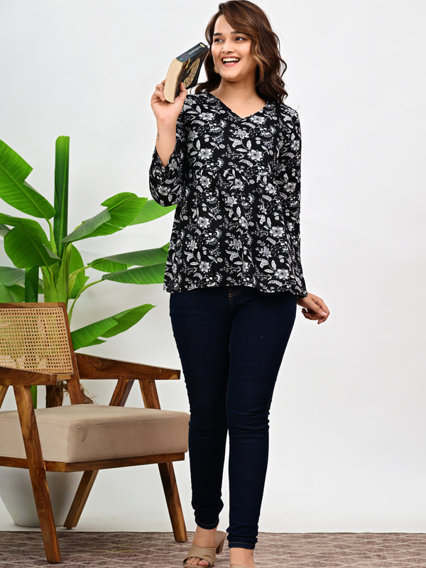 Women's  Floral Printed V-Neck Cotton Top
