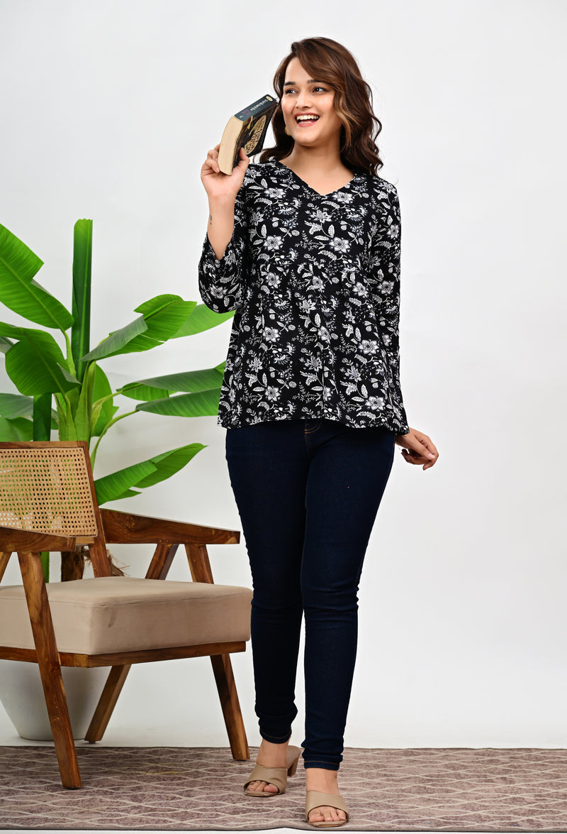 Women's  Floral Printed V-Neck Cotton Top