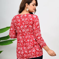 Women's Red Floral Print Cotton Top