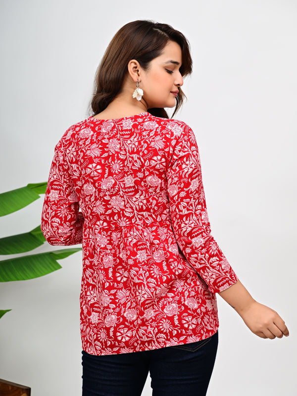 Women's Red Floral Print Cotton Top
