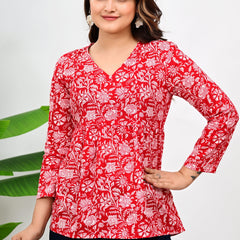 Women's Red Floral Print Cotton Top