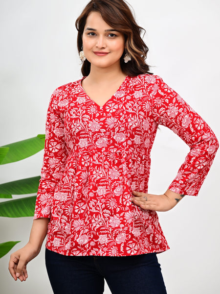 Women's Red Floral Print Cotton Top