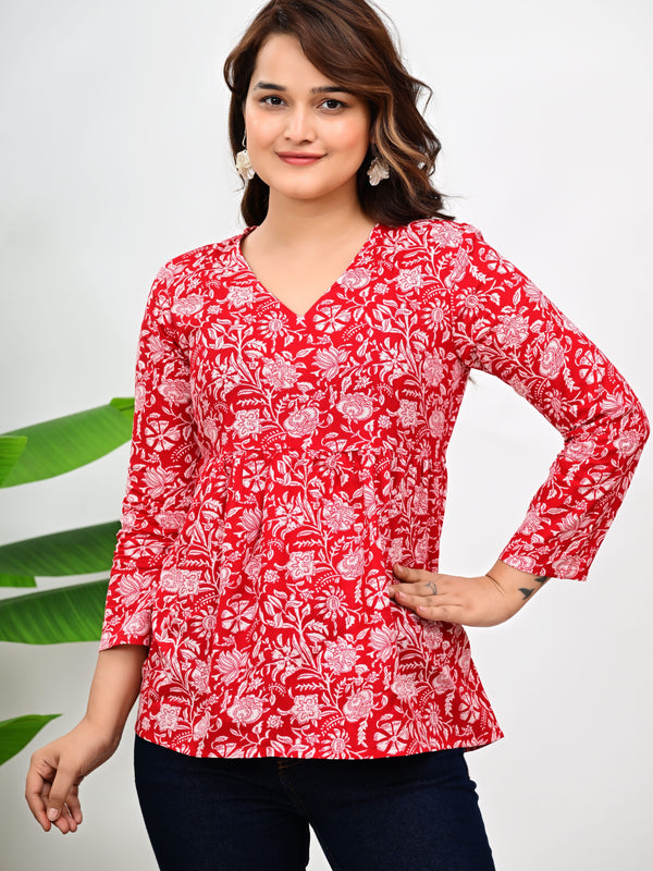 Women's Red Floral Print Cotton Top
