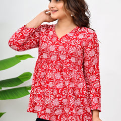 Women's Red Floral Print Cotton Top