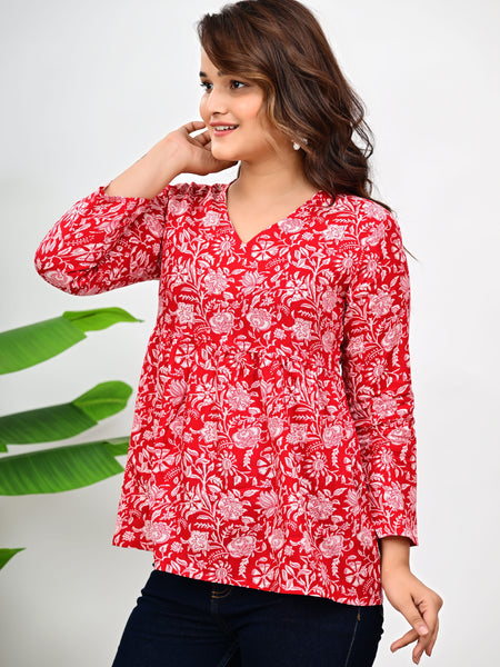 Women's Red Floral Print Cotton Top