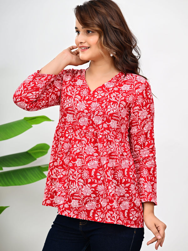 Women's Red Floral Print Cotton Top