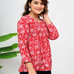 Women's Red Floral Print Cotton Top