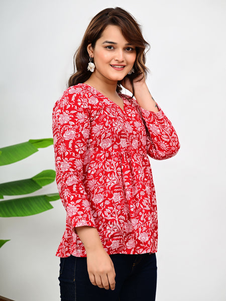Women's Red Floral Print Cotton Top