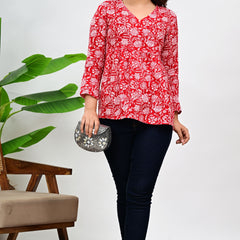 Women's Red Floral Print Cotton Top