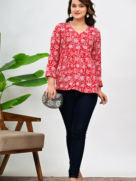 Women's Red Floral Print Cotton Top