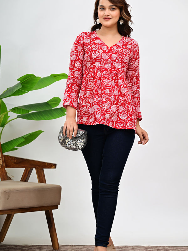 Women's Red Floral Print Cotton Top