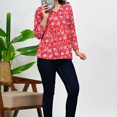 Women's Red Floral Print Cotton Top