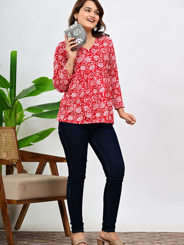 Women's Red Floral Print Cotton Top