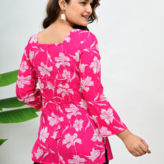 Women's Pink Floral Print Cotton Square Neck Top