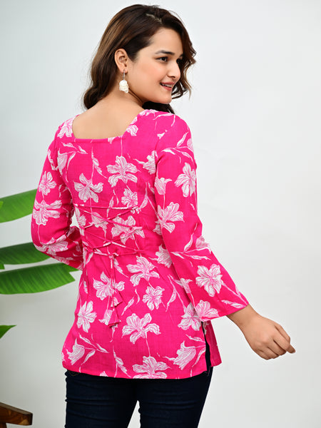 Women's Pink Floral Print Cotton Square Neck Top