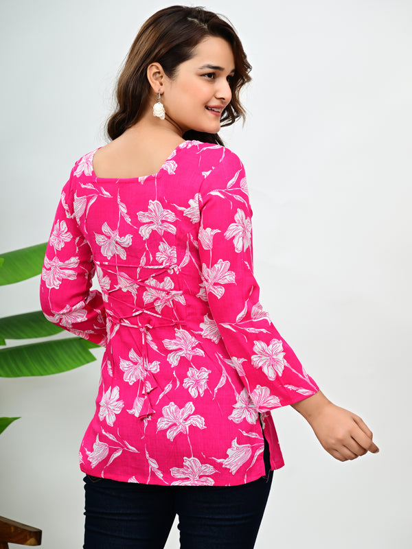 Women's Pink Floral Print Cotton Square Neck Top