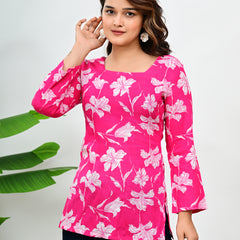 Women's Pink Floral Print Cotton Square Neck Top
