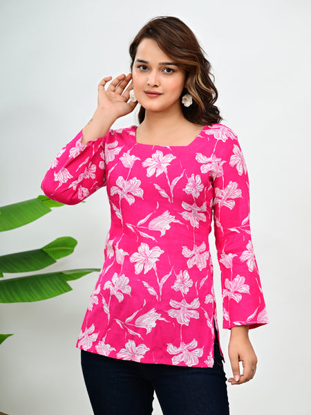 Women's Pink Floral Print Cotton Square Neck Top