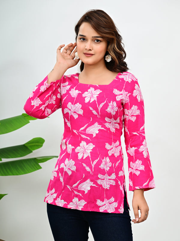 Women's Pink Floral Print Cotton Square Neck Top