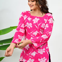 Women's Pink Floral Print Cotton Square Neck Top
