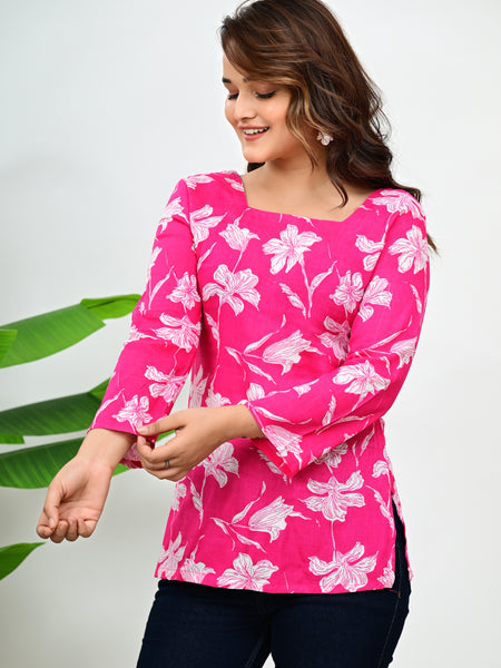 Women's Pink Floral Print Cotton Square Neck Top