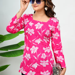 Women's Pink Floral Print Cotton Square Neck Top