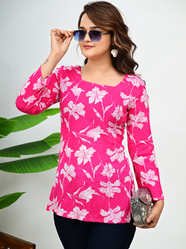 Women's Pink Floral Print Cotton Square Neck Top